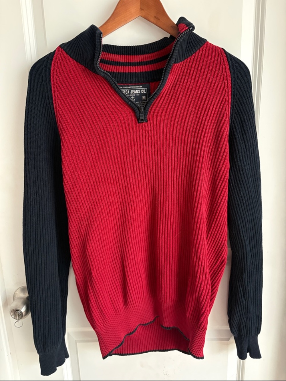 Nautica Red Body Black Sleeve Half-Zip Ribbed Sweater